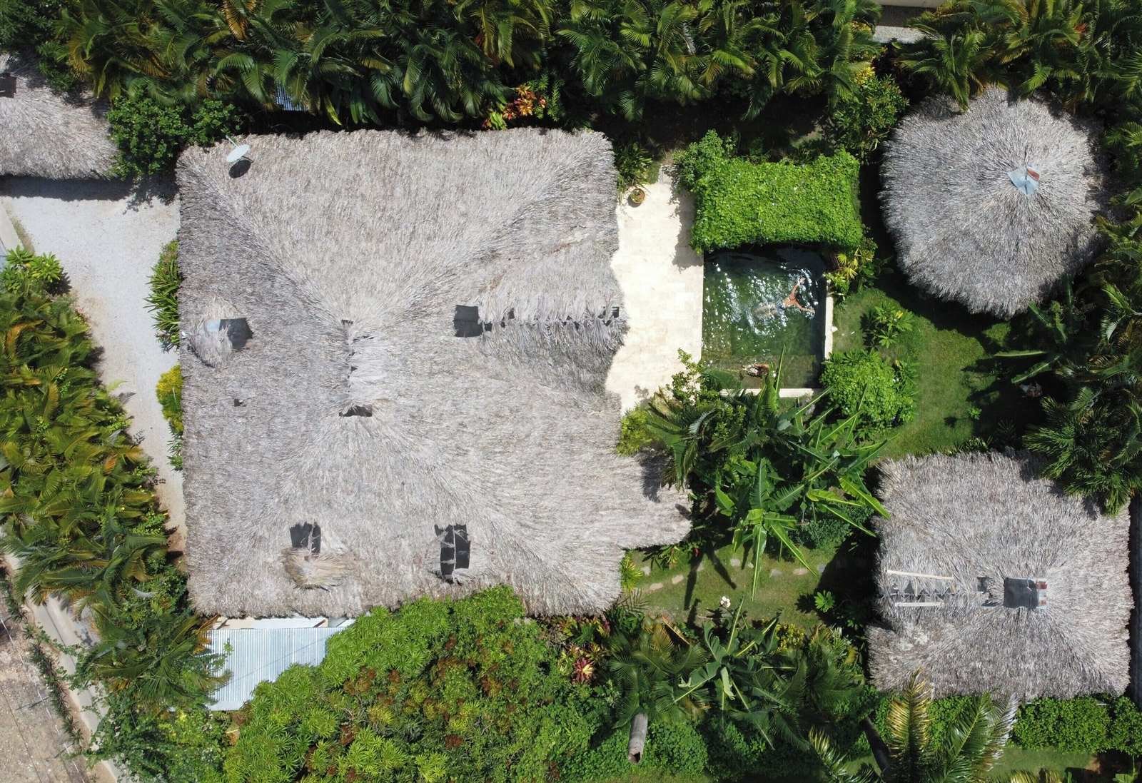 Casa Picaflor from above: thatched roofs and the small pool hidden in tropical greenery